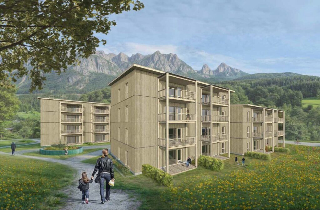 Visualisierung des Bau-Projekts vor dem Tennengebirge. Eine Mutter mit Kind läuft auf die mehrgeschossigen Häuser zu.